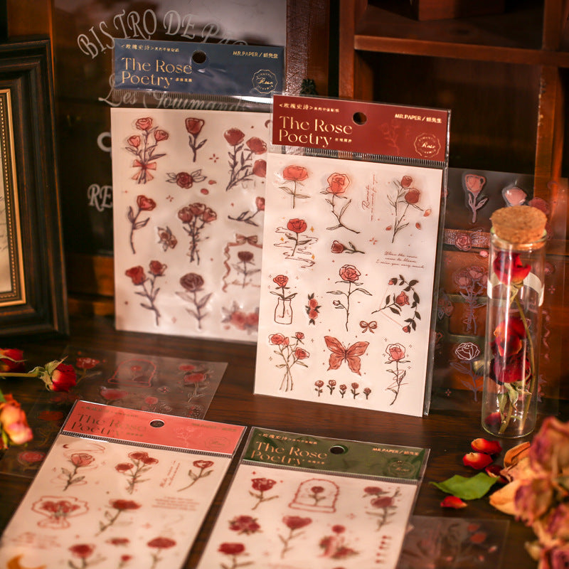 【XS01013】平張貼紙 玫瑰史詩系列 創意手繪插畫植物花卉手帳裝飾素材